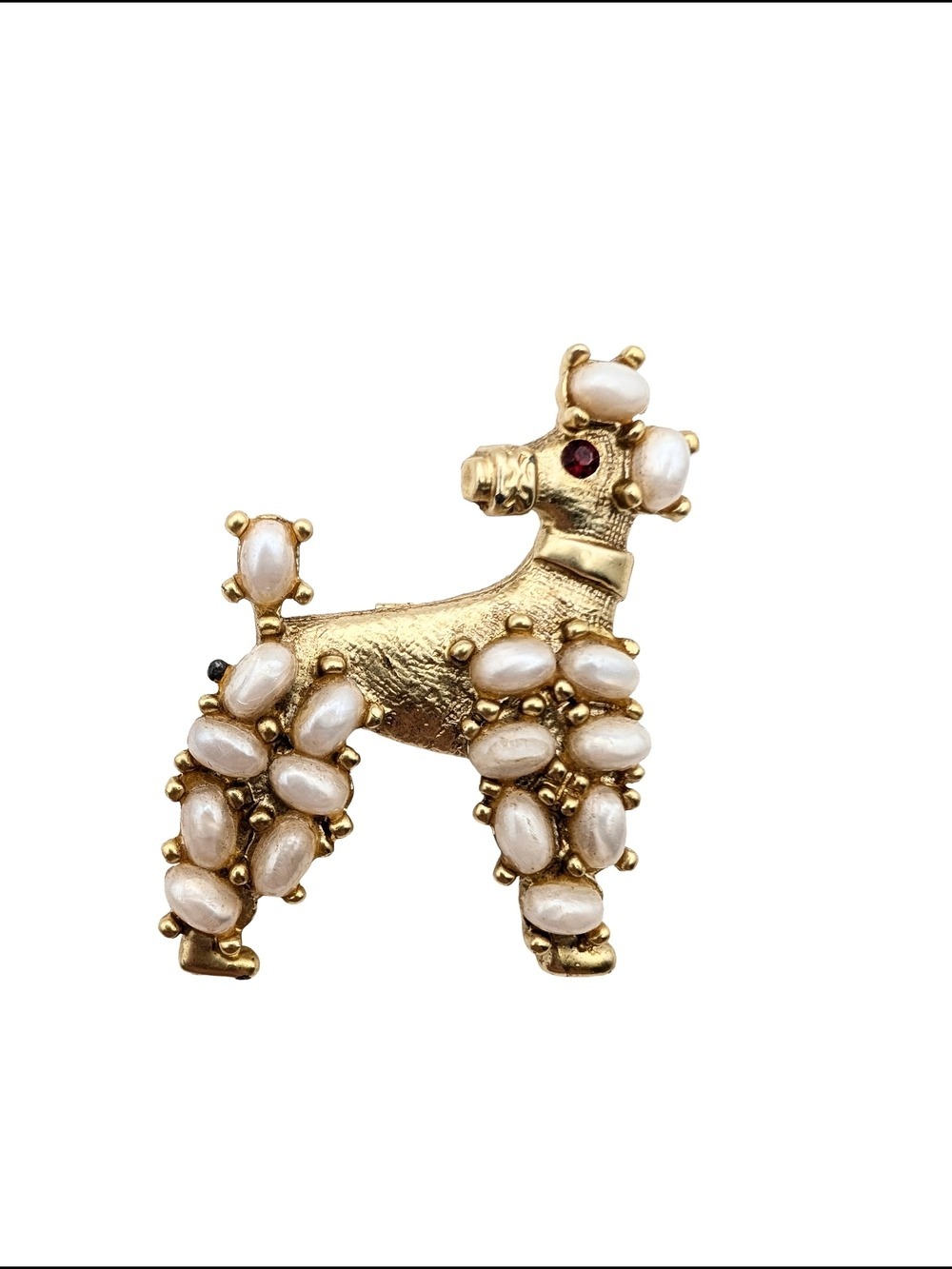 Vintage Gold-tone Pearl Poodle Dog Brooch - White Pearls